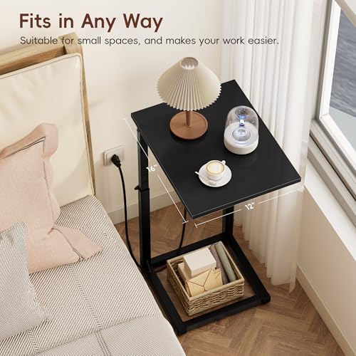 C Shaped End Table with Charging Station, 33"Tall C-Table End Table Adjustable Height Side Table for Couch, Couch Table That Slide Under Sofa Table TV Tray Table for Living Room,Bedroom,Black - color: Black, style: Charging Station