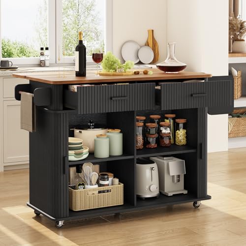 56" Kitchen Island on Wheels with Drop Leaf Countertop, Large Mobile Island Table with 2 Drawers and Spice Rack and Tower Rack, Mid-Century Modern Island Cart with Storage for Kitchen, Black - color: Black