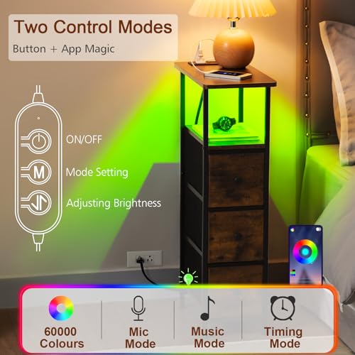 Narrow End Table with Charging Station, Small Nightstand | Skinny Side Tables Living Room with 3 Fabric Drawers, Bedside Table with LED Lights for Bedroom, Small Spaces, Rustic Brown - color: Rustic Brown + Black, size: 27.55''H (3 Drawers), style: Power