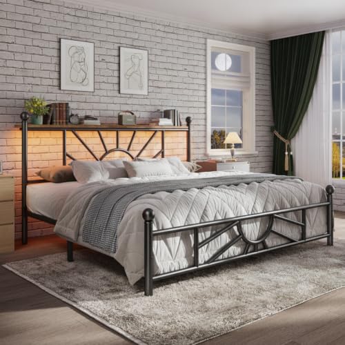 Homkdom Queen Metal Bed Frame with Victorian Headboard & Storage Shelf | Under-Bed Storage for Teens Room & Apartments, Slip Resistant, LED lights, No Box Spring Needed, 1300lbs stability, Black - color: Black, size: Queen (U.S. Standard)