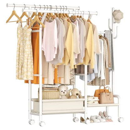 Homeiju Heavy Duty Clothes Rack Load 500LBS, Three Rods Clothing Racks for Hanging Clothes Extendable, Rolling Garment Rack with Sturdy Wheels, Basket, Storage Shelves, White - color: White