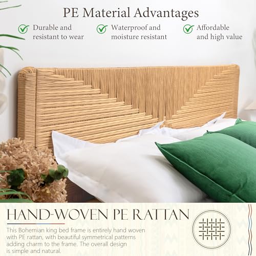 Hand-Woven PE Rattan King Bed Frame with Headboard and Footboard, Boho Mid Century Modern Bedframe with Vintage Pattern, Wicker Bed with Metal Frame and Slats, No Box Spring Needed, 1000lbs