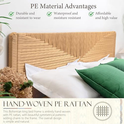 Hand-Woven PE Rattan King Bed Frame with Headboard and Footboard, Boho Mid Century Modern Bedframe with Vintage Pattern, Wicker Bed with Metal Frame and Slats, No Box Spring Needed, 1000lbs