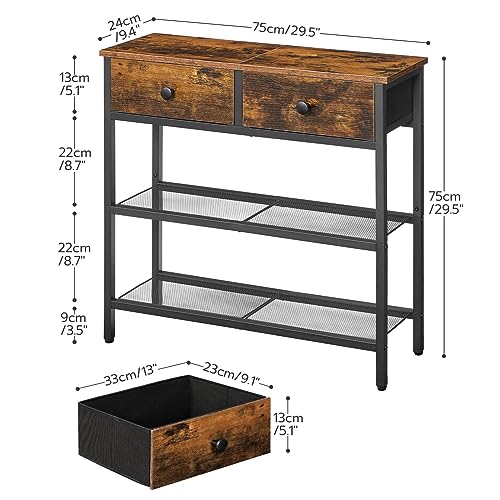 HOOBRO 29.5" Narrow Console Table with 2 Fabric Drawers, Sofa Table, Small Entryway Table with 3-Tier Storage Shelves, Behind Couch Table, for Living Room, Hallway, Rustic Brown and Black BF72XG01 - color: Rustic Brown + Black