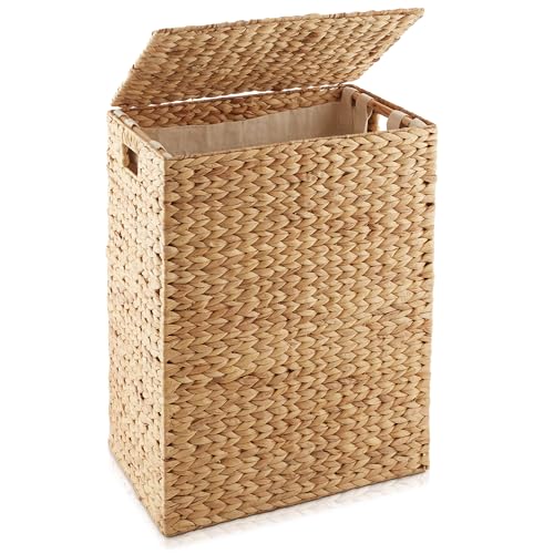 Casafield Large Laundry Hamper with Lid and Removable Liner Bag - Natural, Woven Water Hyacinth Rectangular Laundry Basket Sorter for Clothes and Towels - color: Natural