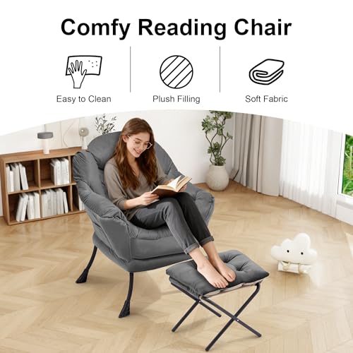 Lazy Chair with Ottoman, Modern Accent Lounge Chair with Side Pocket and Armrests, Cozy Reading Armchair with Footrest, Upholstered Sofa Chair for Small Spaces, Bedroom Living Room, Dark Grey - color: Dark Grey