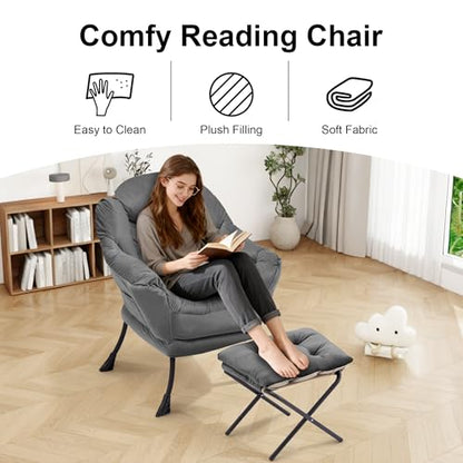 Lazy Chair with Ottoman, Modern Accent Lounge Chair with Side Pocket and Armrests, Cozy Reading Armchair with Footrest, Upholstered Sofa Chair for Small Spaces, Bedroom Living Room, Dark Grey - color: Dark Grey