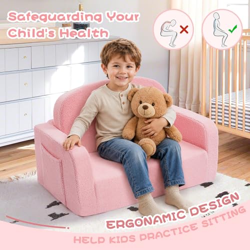 Foryoomi Extra Wide Kids Couch, 2-in-1 Soft Toddler Couch with Blanket, Comfy Toddler Chair, Convertible Sofa with Cute Rainbow Design, Pink - color: Pink Rainbow