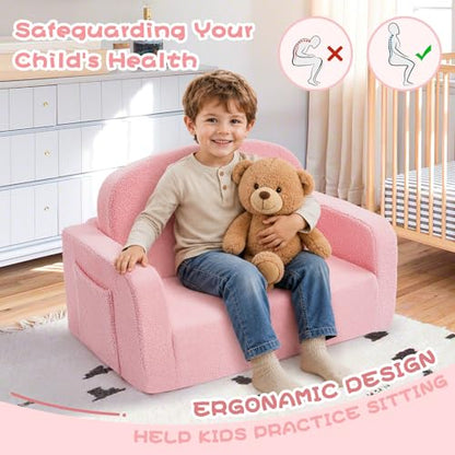 Foryoomi Extra Wide Kids Couch, 2-in-1 Soft Toddler Couch with Blanket, Comfy Toddler Chair, Convertible Sofa with Cute Rainbow Design, Pink - color: Pink Rainbow
