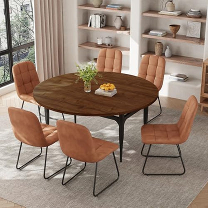 HIPIHOM Expandable Folding Dining Table Set, 55-Inch Round to Square Table with 6 Upholstered Chairs, Metal Frame, for Dining Room or Apartment (Round Table + 6 Brown Chairs) - color: Round Table + 6 Brown Chairs