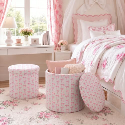 Geetery 2 Pcs Dorm Ottoman with Storage Set Pink Bow Ottoman | Vanity Stool with Storage for Bedroom Coffee Table Small Coquette Foot Stool for Girls Living Room College Dorm Essentials - style: Pink Bow Pattern