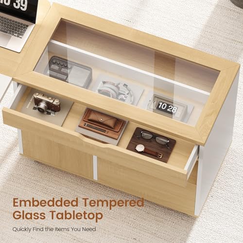 SEDETA L Shaped Computer Desk with Mobile File Cabinet & Power Outlets, Executive Home Office Desk with Storage Drawers, Pegboard, Cable Management, Reversible L Desk for Work & Gaming, White + Oak