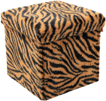 Luxe Faux Fur Storage Ottoman, Tiger Tan/White, 12 x 12 x 12 in | Engineered Wood, Tool-Free Assembly, Modern Style, Seat And Footrest - color: Tiger Tan/White, size: 12"D x 12"W x 12"H