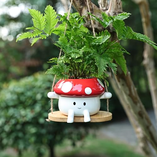 Fungi Fun Mushroom Hanging Planter Pot, Cute Ceramic Swing Face Planter for Indoor & Outdoor, Unique Mushroom Planters for Succulents, String of Pearls Plant, Small Hanging Planters Red & White