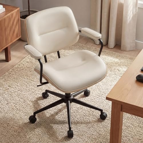 Mid Century Modern Office Chair with Armrest and Adjustable Backrest, Beige | Wooden frame with armrests & adjustable backrest, swivel & height-adjustable, PU leather seat for home office comfort - color: Beige