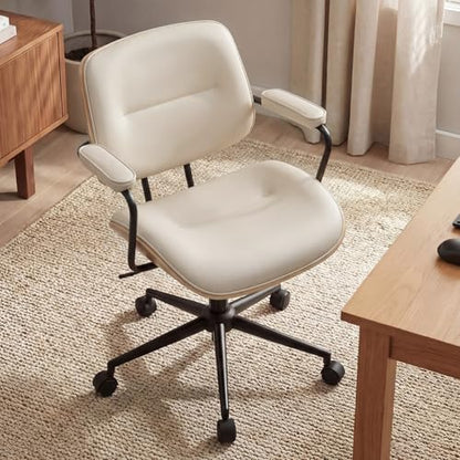 Mid Century Modern Office Chair with Armrest and Adjustable Backrest, Beige | Wooden frame with armrests & adjustable backrest, swivel & height-adjustable, PU leather seat for home office comfort - color: Beige
