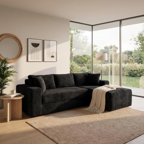 Boneless Couch Modular Sectional Sofa Cloud Couch | Oversized Deep-Seat Wide-Wale Corduroy L-Shaped Sectional Couch for Living Room, Apartment and Family Room - color: Black 105'' Right Facing Chaise