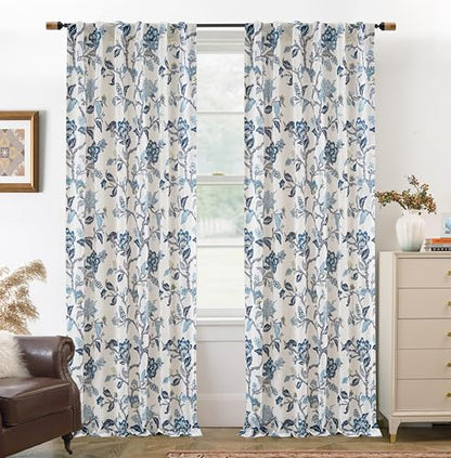 DriftAway Ada Floral Botanical Print Flower Leaf Lined Thermal Insulated Room Darkening Linen Blend 100% Blackout Back Tab Window Curtains 2 Layers Set of 2 Panels Each 52 Inch by 84 Inch Navy - color: Navy-back Tab, size: 52"W x 84"L (Pack of 2)