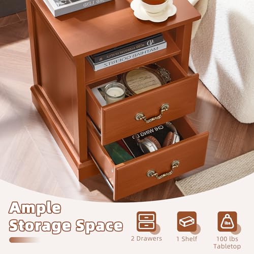 Farmhouse Night Stand with Charging Station, Caramel | 2 Drawers End Tables Bedroom, Bedside Table with Rustic Handles & Floor-Standing Thickened Foot & Open Shelf - color: Caramel, size: 18"D x 18"W x 24"H (2 Drawers)