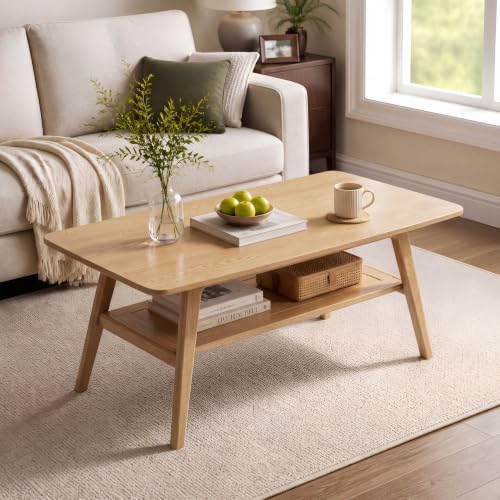100% Solid Wood Coffee Table for Living Room, 47.24" Mid Century Modern Tables with Shelf Storage, 2-Tier Coffee Table with Rounded Corners (Oak Wood Log Color) - color: Natural, size: 47.24"L x 22.05"W x 17.32"H