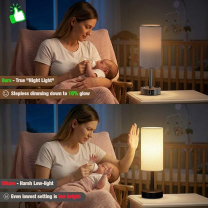 Grey Touch Bedside Lamp for Bedroom, Stepless Dimmable, USB A+C, AC Outlet | Base Touch Button Only, Memory Brightness, Ultra-dim Night Light, Included Bulb for Optimal Dimming, Grey Fabric Shade, Desk - color: Grey & Grey