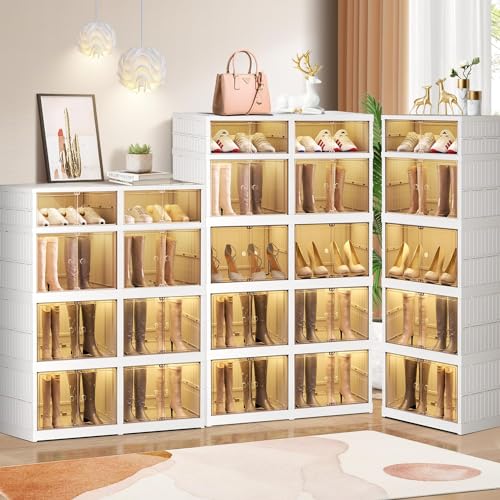 CIMLORD 4-Tier Foldable Shoe Rack Organizer for Boots, 16 Pairs, White | Collapsible Large Plastic Shoe Cabinet Storage, Fits Tall Boots, Stackable with Lids, Easy Assembly, for Closet & Entryway - size: 4 Tiers 16 Pairs