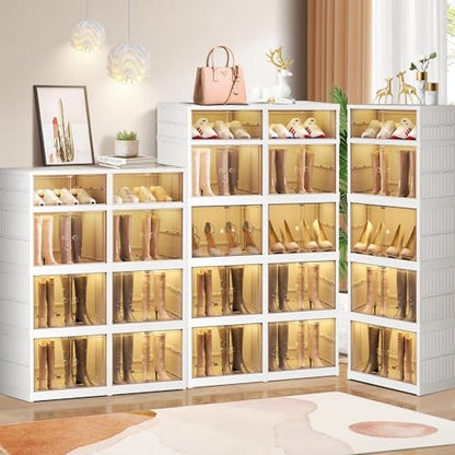 CIMLORD 4-Tier Foldable Shoe Rack Organizer for Boots, 16 Pairs, White | Collapsible Large Plastic Shoe Cabinet Storage, Fits Tall Boots, Stackable with Lids, Easy Assembly, for Closet & Entryway - size: 4 Tiers 16 Pairs