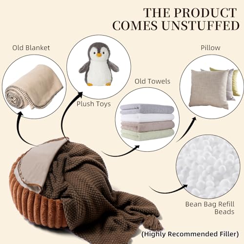 Round Unstuffed Ottoman Cover Pouf Foot Rest, Caramel | Cover Only, 20x20x8 In, Soft Short Plush, Ribbed Texture, Modern Style, Living Room, Bedroom, Reading Nook - color: Caramel