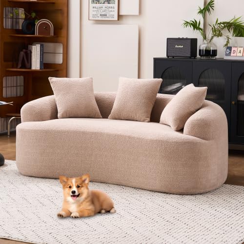 Loveseat Sectional Sofa for Living Room, 65" Modern Luxury Plush Chenille Sofa Extra Deep Seat Curved Cloud Floor Couch with 3 Throw Pillows for Small Spaces, Warm Beige - color: Apricot Cream, size: 65 inch