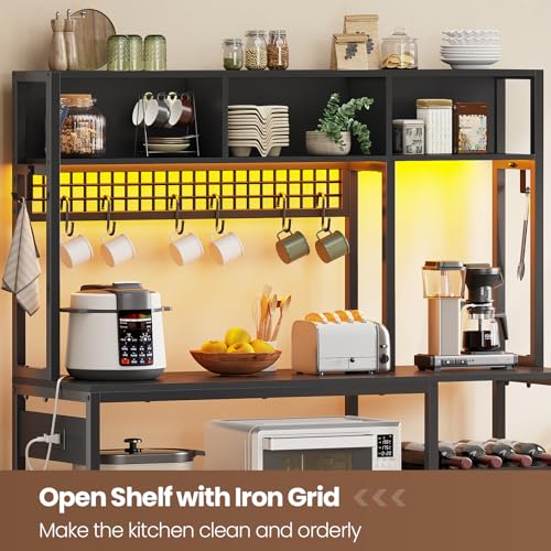 Itaar 47.2 Inch Bakers Rack with Power Outlet, Microwave Stand with Storage, Farmhouse Coffee Bar Cabinet Station with Wine Rack, Iron Mesh and 8-S Hooks (Black) - color: Black