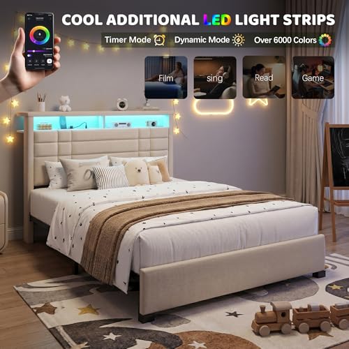 EnHomee Full Upholstered Bed Frame with Charge Station & LED Lights, Beige | 2-Tier Shelves Headboard, 12" Under-Bed Storage Space, Noise-Free, No Box Spring Needed, Easy Assembly - color: Beige, size: Full