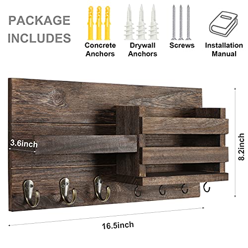 Lwenki Mail Organizer for Wall Mount – Key Holder with Shelf Includes Letter Holder and Hooks for Coats, Dog Leashes – Rustic Wood with Flush Mounting Hardware (16.5” x 8.7” x 3.5”) - color: Brown
