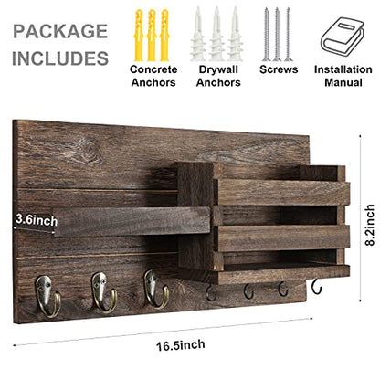 Lwenki Mail Organizer for Wall Mount – Key Holder with Shelf Includes Letter Holder and Hooks for Coats, Dog Leashes – Rustic Wood with Flush Mounting Hardware (16.5” x 8.7” x 3.5”) - color: Brown