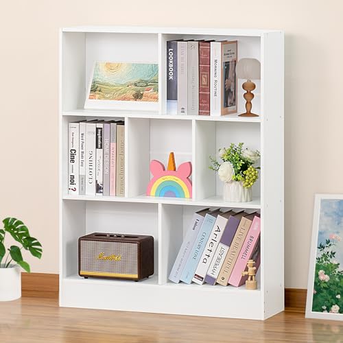 YAHARBO 3 Tier 7 Cube Mini Thin Bookshelf, Short Shallow Bookcase, White | Low Floor-Standing Bookcase with 7 Open Cubes, 45 Lbs per Cube, Anti-Tip Kit Included, For Living Room, Bedroom, Office - color: White, size: 80CM