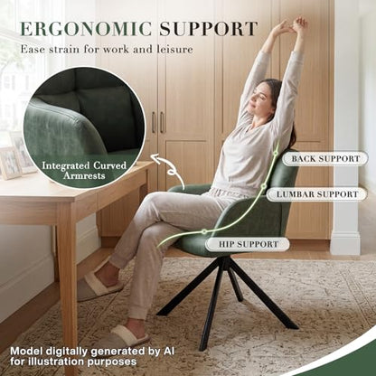 EALSON Comfy Leather Desk Chair Modern Computer Task Chair no Wheels Swivel Accent Chair with Mid Back Arm Chair for Living Room/Bedroom/Home Office, PU Green - color: Green