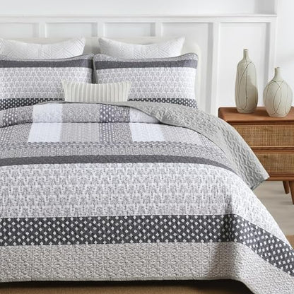 WONGS BEDDING Grey Full Size Quilt Set, Bohemian Striped Bedspreads | Reversible Boho Bedspread with Grey Accents, Lightweight Microfiber Coverlet for All Seasons (78"x90") , OEKO-TEX - color: Grey, size: Full