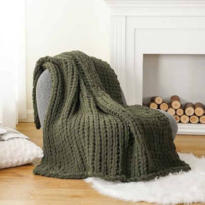 Olive Green Chunky Knit Throw Blanket, Knit Throw Blanket for Couch 50"x60" | Soft Thick Green Chenille Throw Blanket, Handmade Cable Knit Crochet Blanket for Bed, Sofa, Living Room - color: Olive Green