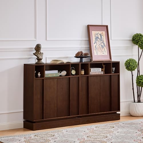 31.7’’ Mid Century Modern Accent Sideboard Storage Cabinet Walnut | 11.9’’D Slim Credenza, 2 Doors, 3 Open Cubbies, Adjustable Shelf, for Narrow Entryway, Hallway, Living Room & Dining - color: Walnut, size: 2 PCS