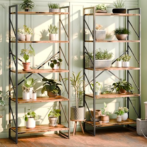 Shintenchi 2 Pieces 5 Tiers Bookshelf, Classically Tall Bookcase Shelf, Industrial Book Rack, Modern Book Holder in Bedroom/Living Room/Home/Office, Storage Rack Shelves for Books/Movies-Rustic Brown - color: 2pcs/Rustic Brown