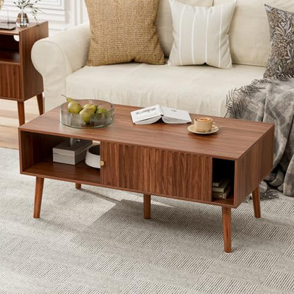 LCRBOL Coffee Table with Fluted Sliding Door, Mid-Century, Walnut | 39.3"L x 19.7"W x 17.1"H, double-sided sliding door & open shelf (7.5" clearance), golden knob, 5 tapered legs - color: Walnut(lsj012-wa)
