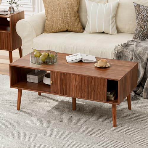 LCRBOL Coffee Table with Fluted Sliding Door, Mid-Century, Walnut | 39.3"L x 19.7"W x 17.1"H, double-sided sliding door & open shelf (7.5" clearance), golden knob, 5 tapered legs - color: Walnut(lsj012-wa)