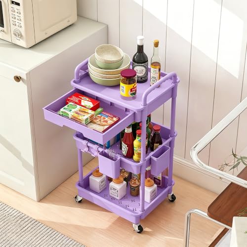 REBECAT 3 Tier Rolling Cart with Drawer, Utility Storage Cart on Wheels for Kitchen, Bathroom, Living Room,Office(Purple) - color: Purple