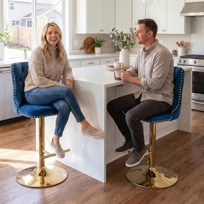 Velvet Bar Stool Set of 2, Adjustable Swivel Bar Stools with Gold Plated Metal Leg, Button Tufted, Footrest, Chrome Nailhead, Counter Height Chair for Kitchen, Bar, Dining Room (Blue) - color: Blue-gold Leg, size: Set of 2