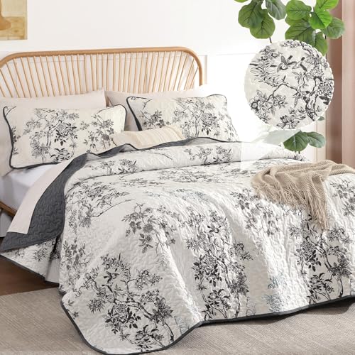WONGS BEDDING Floral Queen Quilt Set,Botanical Leaf & Butterfly Pattern Quilts Bedspread Set,Soft Beautiful Farmhouse Plants Coverlet Bedding Set for All Seasons(96"×90") - color: Grey, size: Queen