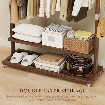 Solid Wood Clothes Rack with Wheels 3-in-1 Garment Rack Extra Long Rod 2 Shelves - size: L-12.6"L x 41.3"W x 66.1"H