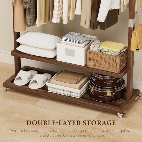 Solid Wood Clothes Rack with Wheels 3-in-1 Garment Rack Extra Long Rod 2 Shelves - size: S-12.6"D x 33.5"W x 66.1"H