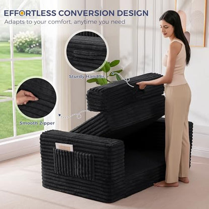 MAXYOYO Convertible Sofa Bed, Pull-Out Loveseat Couch Bed for Small Space | 2 in 1 Folding Couch Bed with Large Back Pillow, Plush Faux Fabric Lounge Couch for Living Room, Apartment, Black - color: Black