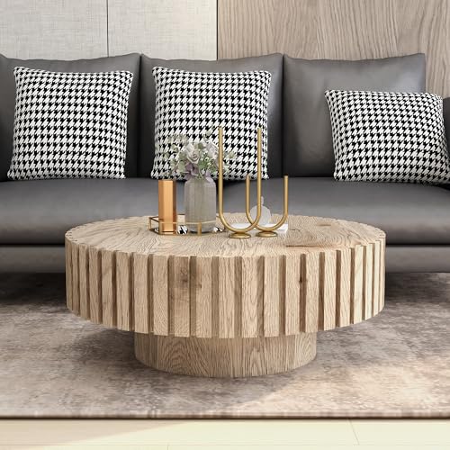 31.5" Round Natural Wood Coffee Table, Round Coffee Tables, Modern Luxury Fluted Drum Coffee Table Wooden Circle Tables Accent Table End Table for Living Room Small Apartment - color: Nautral, size: 31.5"D x 31.5"W x 13.78"H