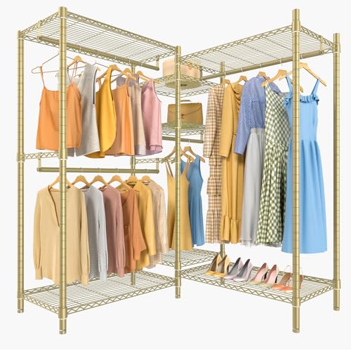 VIPEK L6 L Shaped Clothes Rack Heavy Duty Clothing Rack for Corner, 5-Tier Wire Garment Racks Metal Freestanding Closet with Adjustable Shelves, 42.1" L x 42.1" W x 76.4" H, Max Load 840LBS, Gold - color: Gold, size: Small