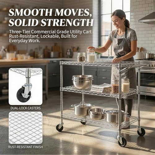 Finnhomy 3 Tier Heavy Duty Commercial Grade Utility Cart, Wire Rolling Cart with Handle Bar, Steel Service Cart with Wheels, Kitchen Carts on Wheels, Metal Cart Shelf Size 24" D x 36" W, NSF, Chrome - size: 36"L x 24"W x 35.4"H-3 Tier, style: Chrome Cart